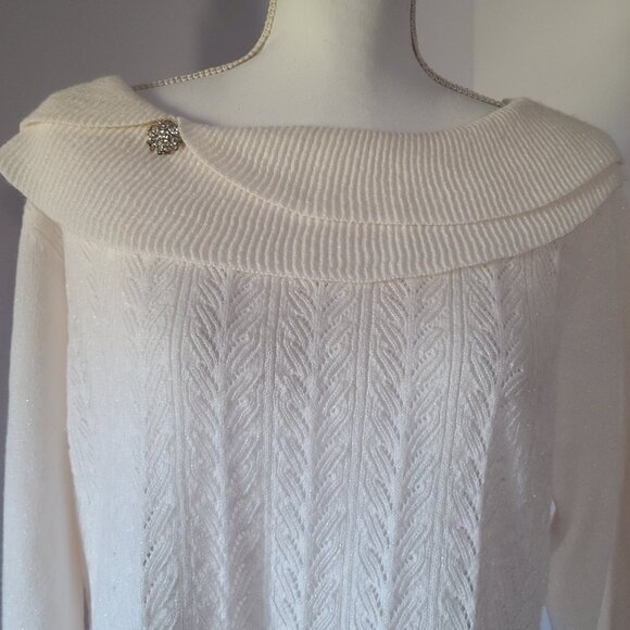 BRIGGS NEW YORK WOMENS SWEATER (L) METALLIC THREAD DOUBLE COLLAR WITH BROOCH - Picture 3 of 9